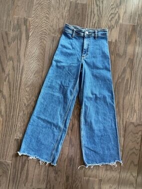 Zara Medium Blue Wide-Leg Frayed Hem Jeans, Size 4